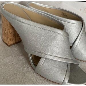 Etienne Aigner Lido Silver Leather Slide Sandals Cork Block Heel Mule Size 8